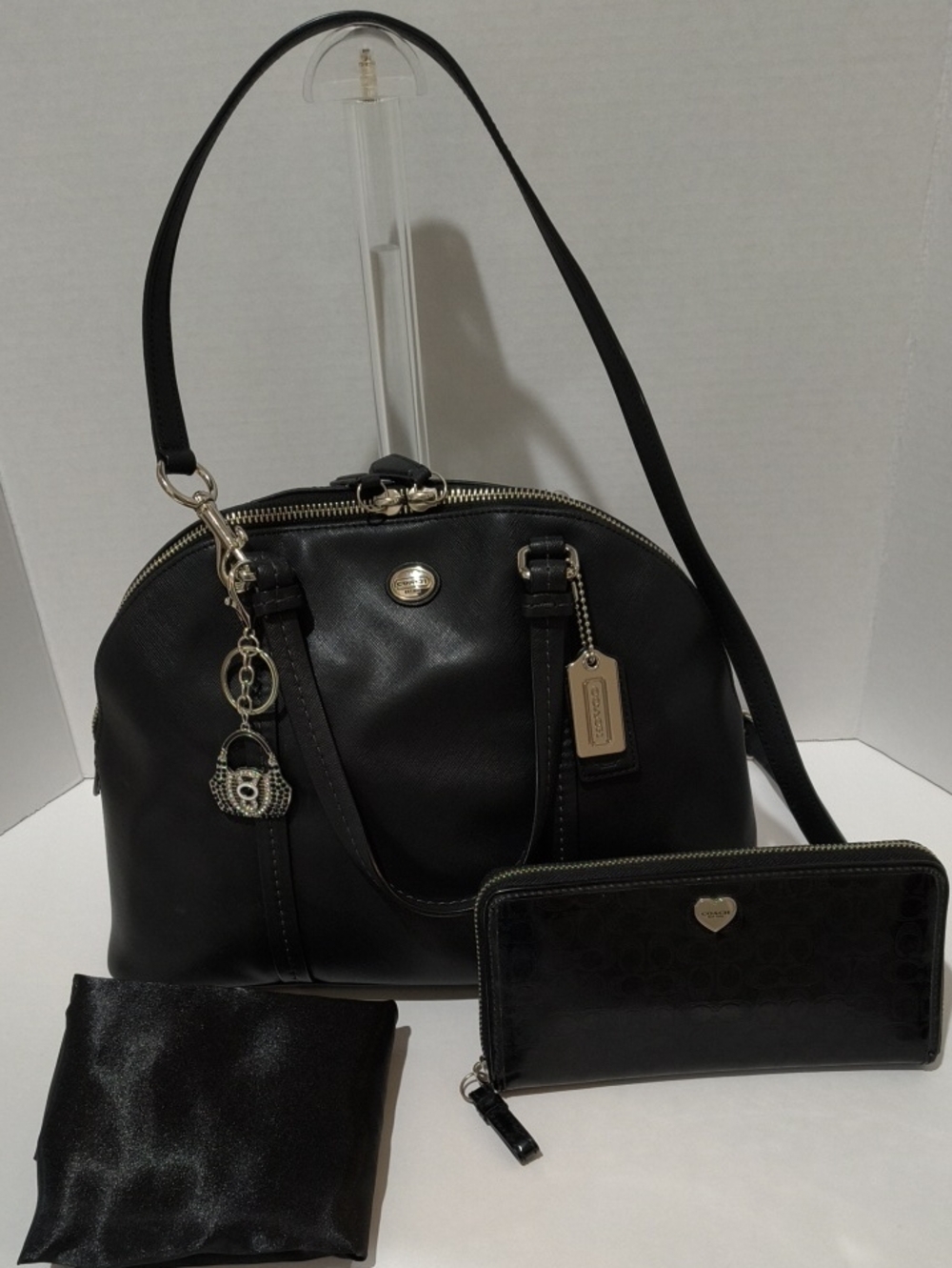 Coach Black Leather Dome Satchel with Wallet and Charm